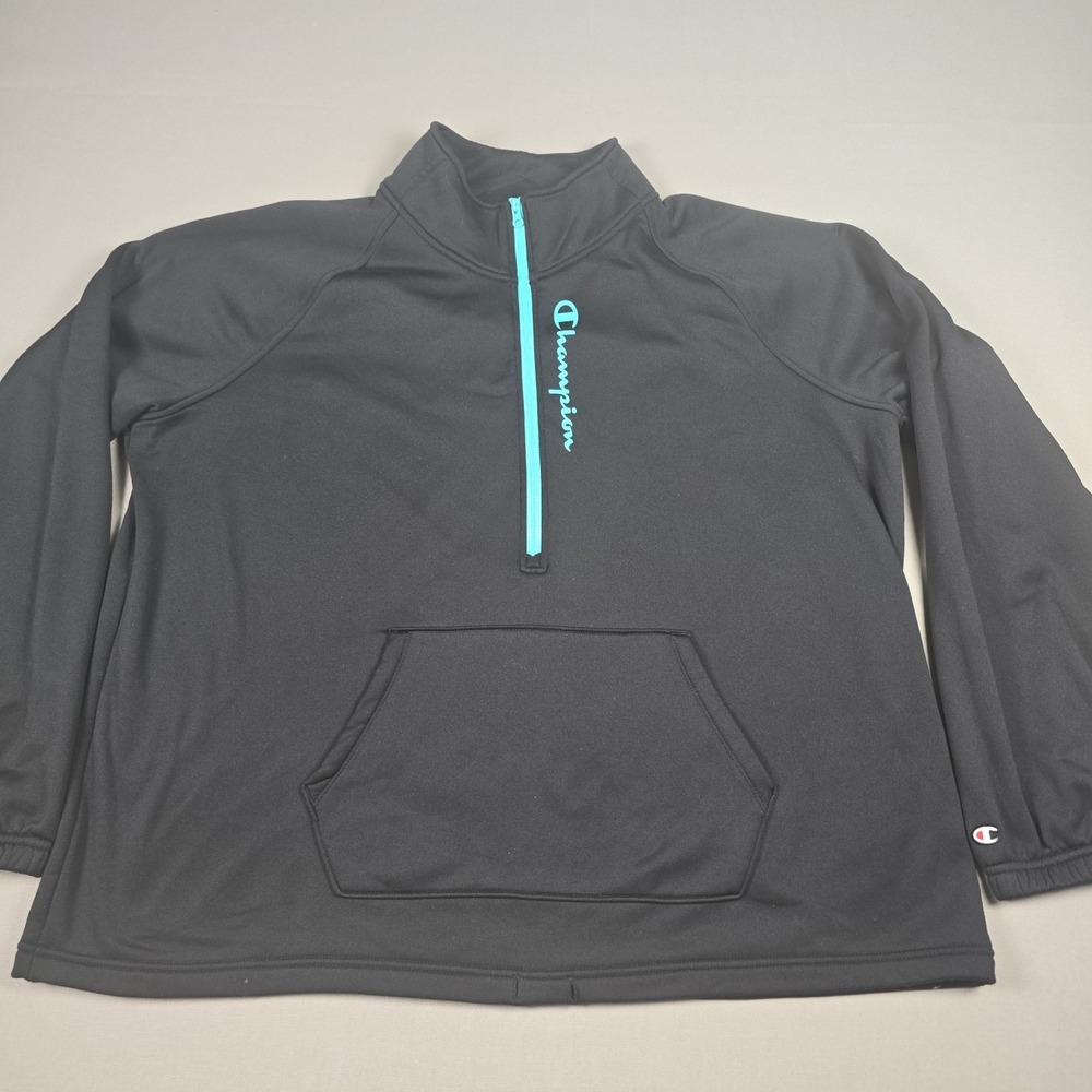 Champion Pullover Womens Fleece Sweatshirt Quarter 1/4 Zip Black Teal Pocket XXL